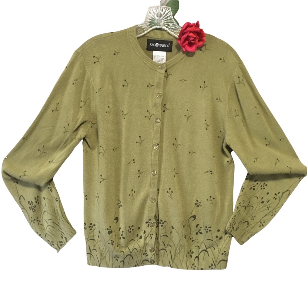 Cardigan sweater floral print at border green Sag Harbor Sm Button up EUC